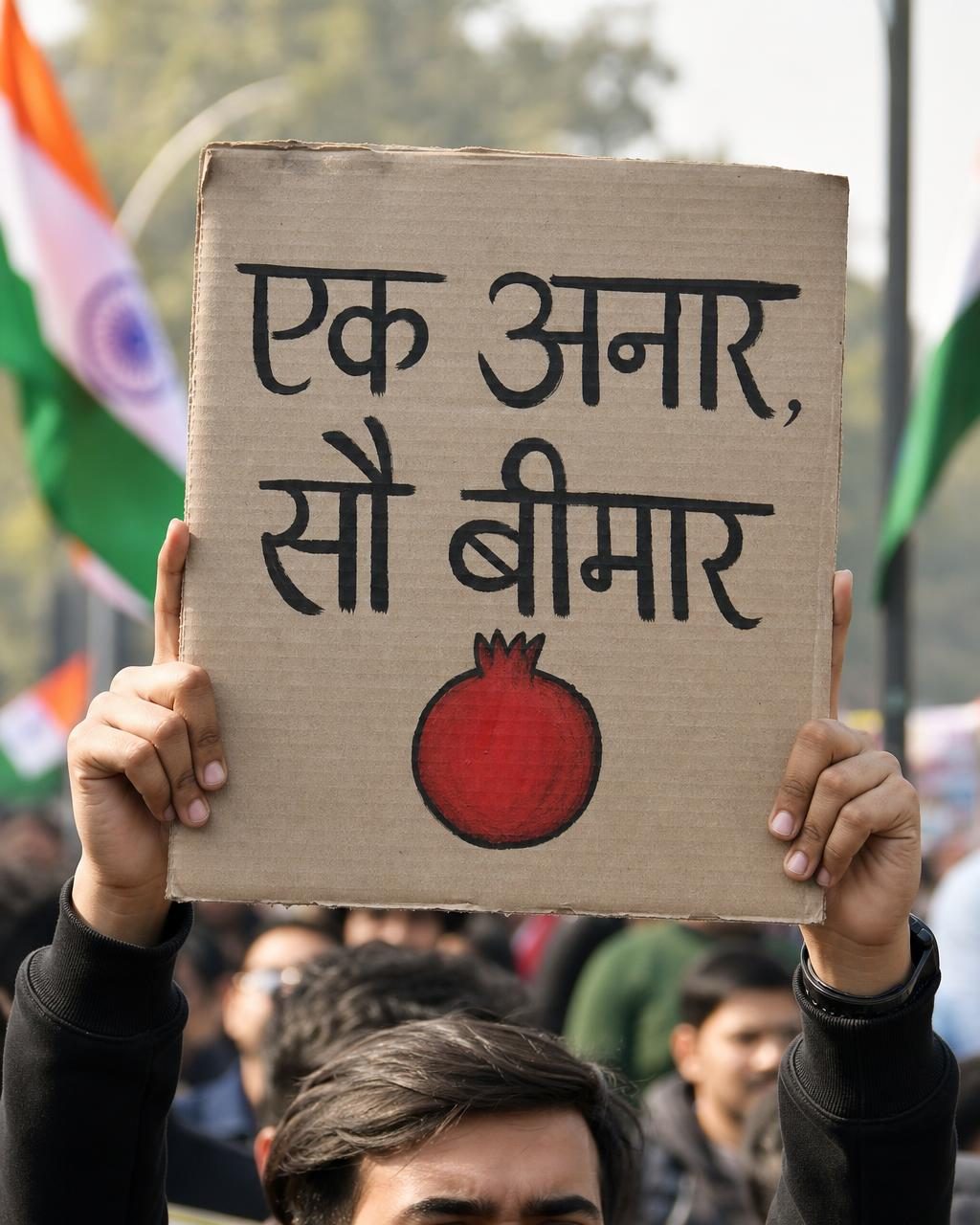 Protest placard with the Hindi idiom Ek Anaar, Sau Bimaar and a painted pomegranate