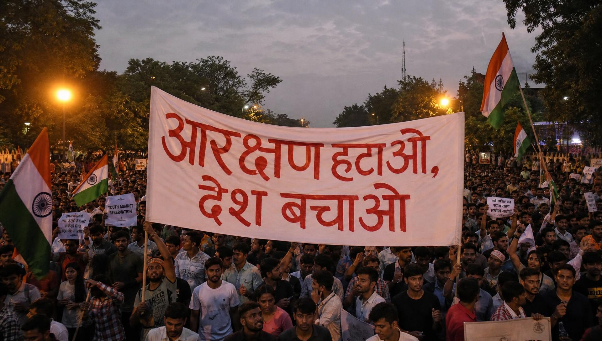 Massive protest at dusk in Delhi with a banner reading Aarakshan Hatao, Desh Bachao