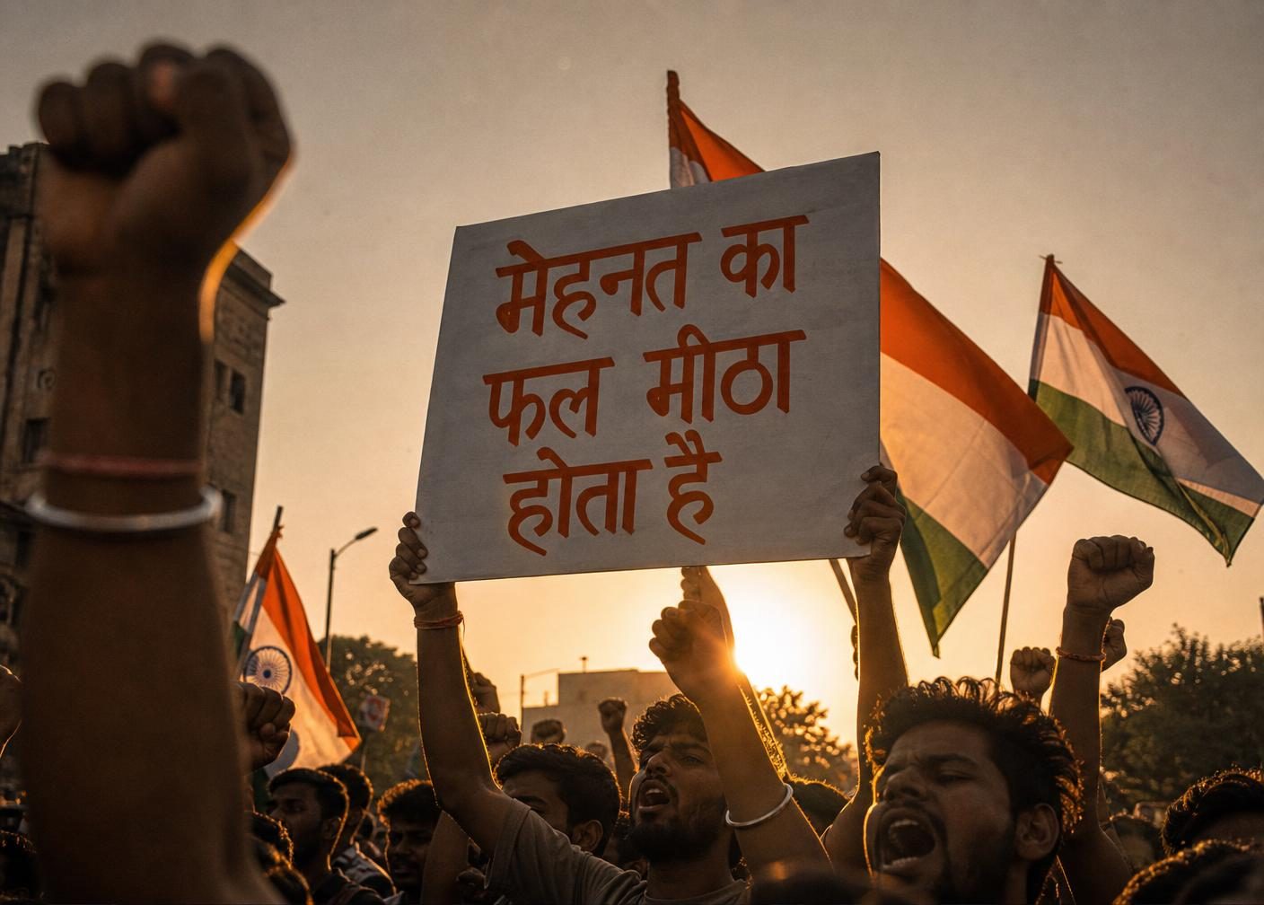 Raised fists and tricolour flags at sunset with a sign reading Mehnat ka phal meetha hota hai