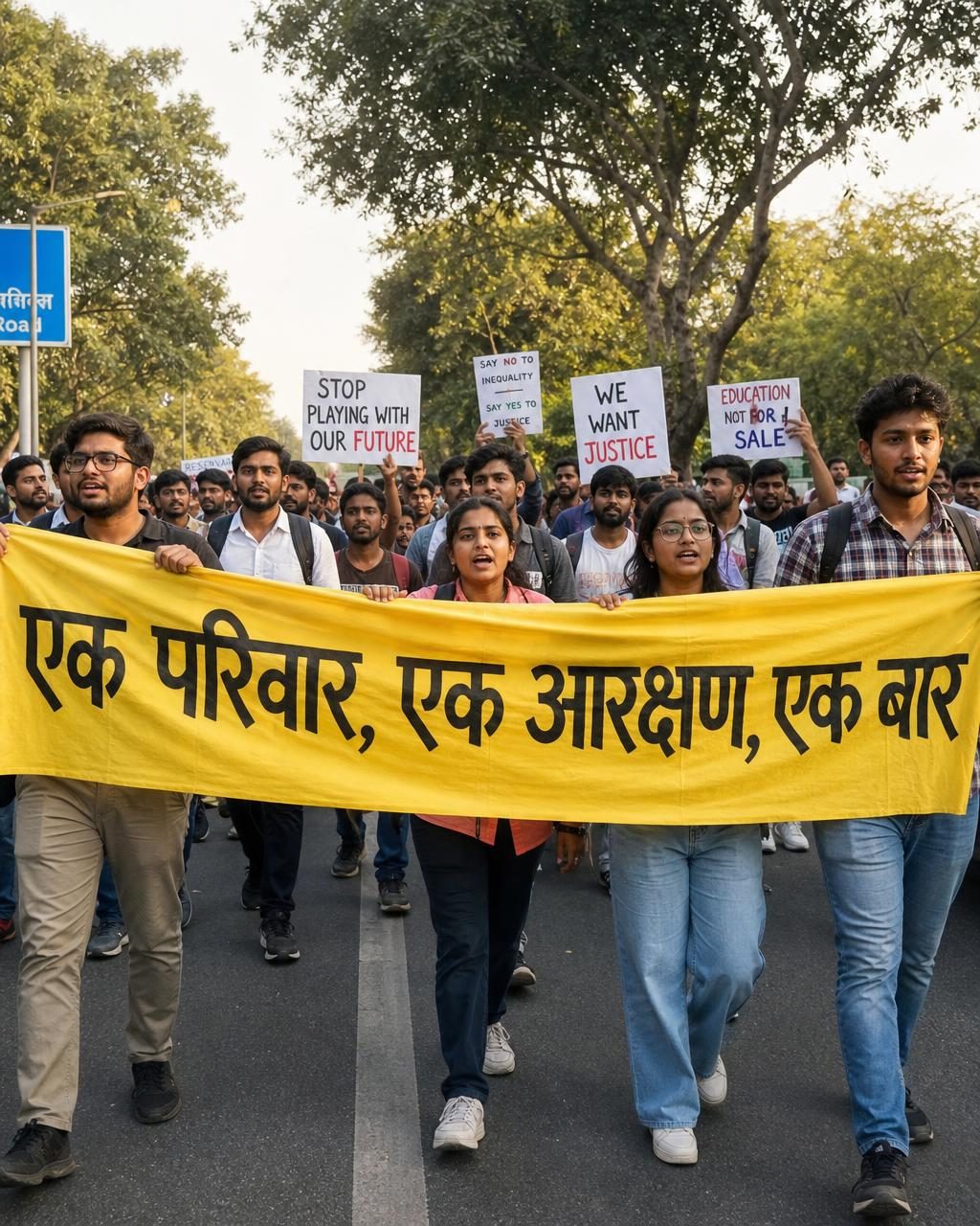 Students marching with a banner reading Ek Parivar, Ek Aarakshan, Ek Baar